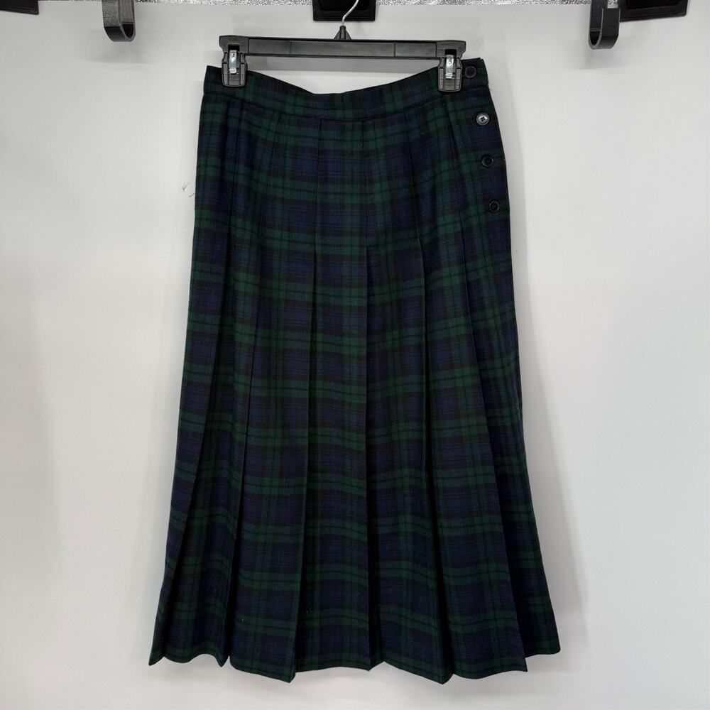 VTG LL Bean 100% Wool Skirt Womens 10 Blue Navy Tartan Plaid Preppy Academia USA